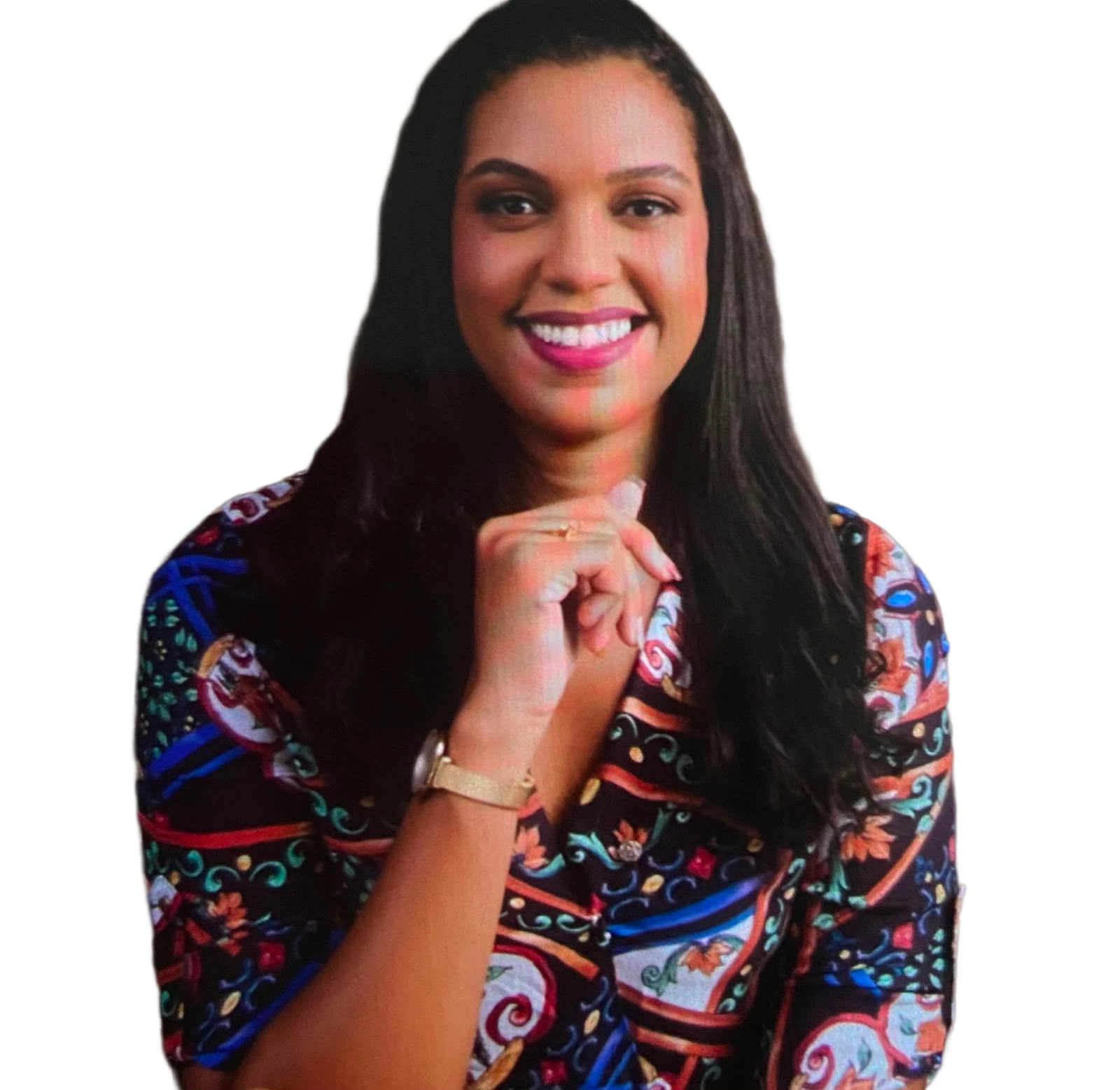 Andressa Santana sentada em uma poltrona do consultório